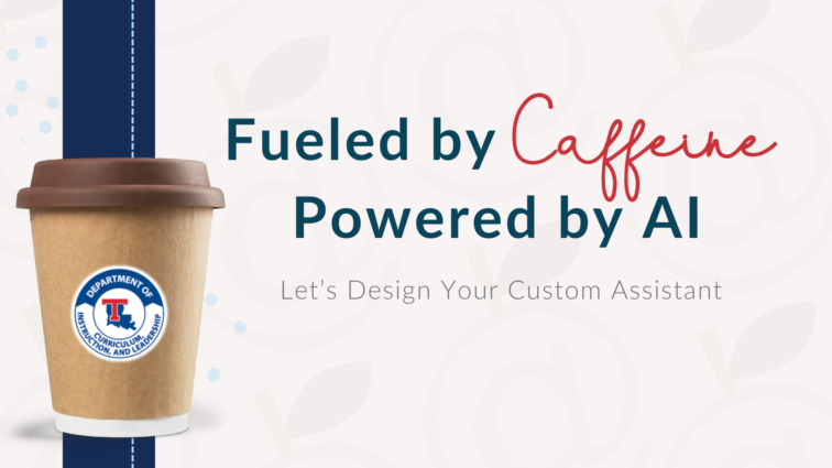 Title: Fueled by Caffeine Powered by AI
Subtitle: Let's Design Your Custom Assistant
Design: Light background with dark blue vertical light on the left and coffee cup on top with a logo. Main title is dark blue thick font and the word Caffeine is in script and colored read. The subtitle is straight font, thinner, and grey.